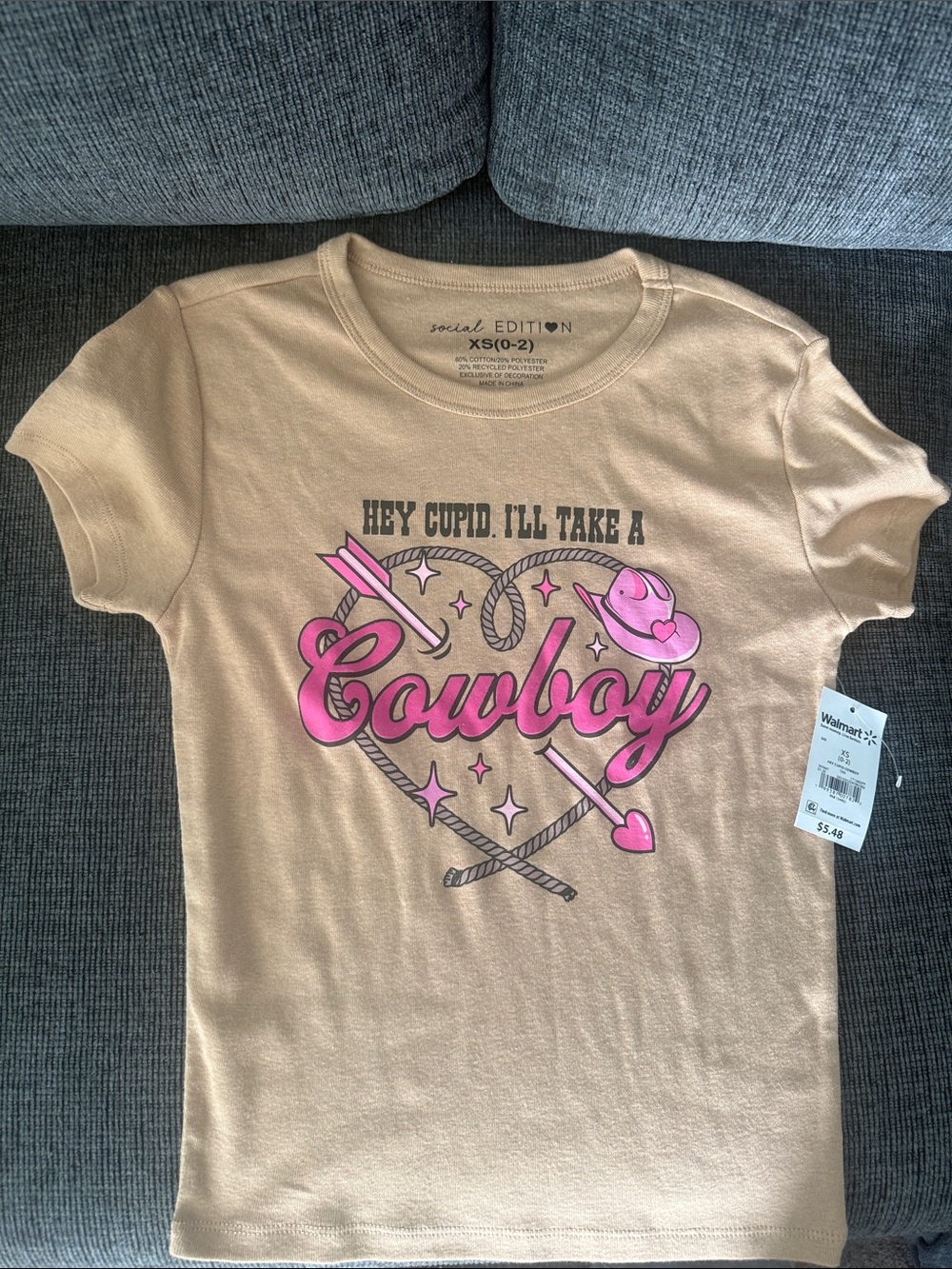 Tan Graphic Tee - Hey Cupid I'll Take A Cowboy